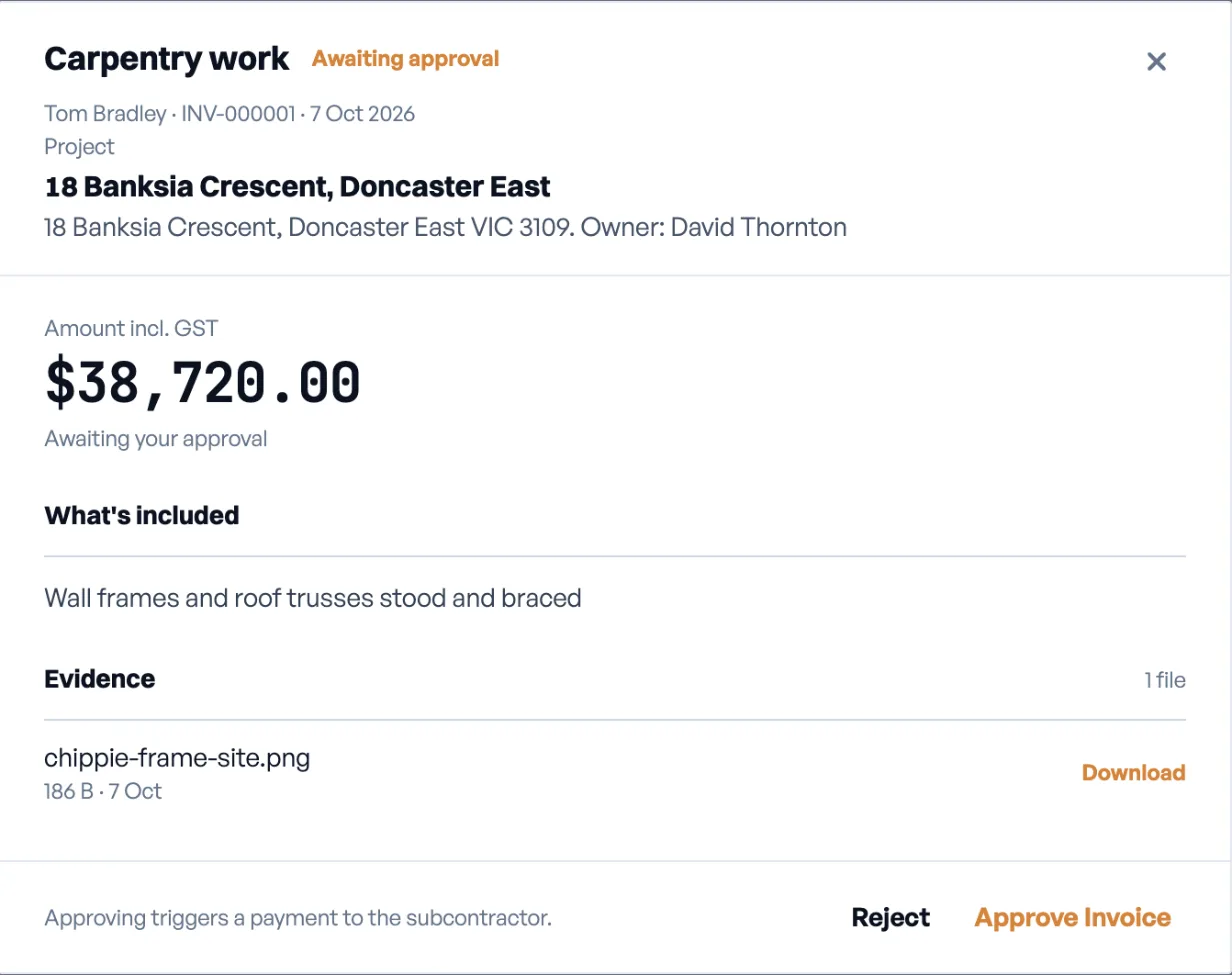 BuildFair invoice review showing a carpentry cost with its description, amount including GST, and attached photo evidence