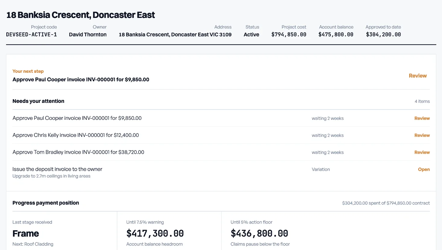 BuildFair project overview for a new home in Doncaster East, showing the project account balance, invoices awaiting approval, and the progress payment position